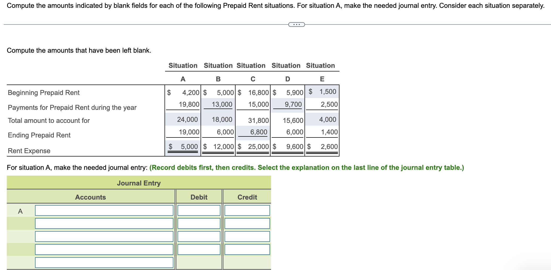 Compute the amounts indicated by blank fields for each of the following
