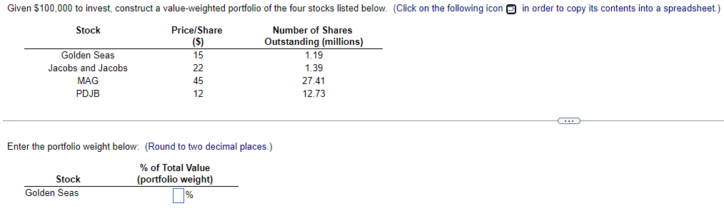 Given Sl 00, 000 to invest, construct a value-weighted portfolio of the