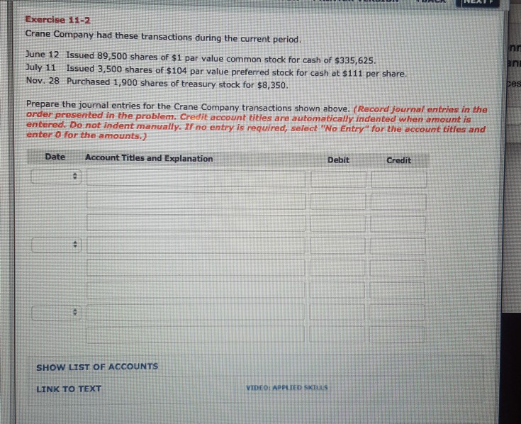 Exercise 11-2 Crane Company had these transactions during the current period