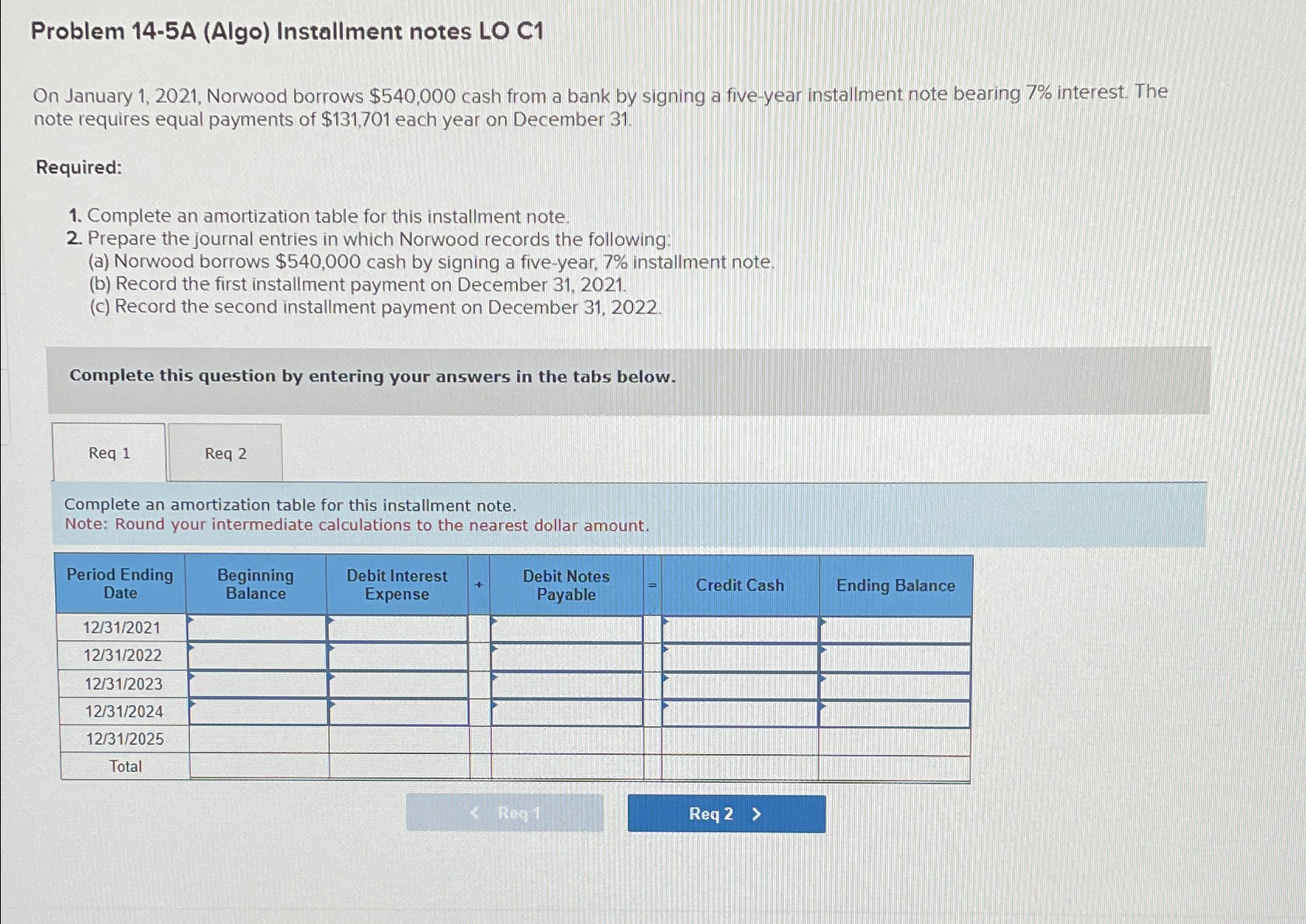  Problem 14-5A (Algo) Installment notes LO C1 On January 1,2021, Norwood