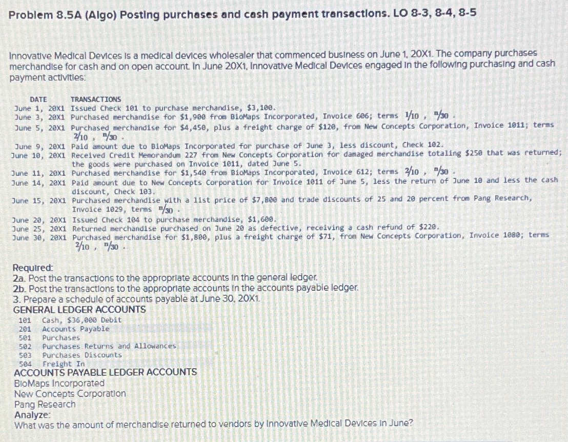  Problem 8.5A (Algo) Posting purchases and cash payment transactlons. LO 8-3,8-4,8-5