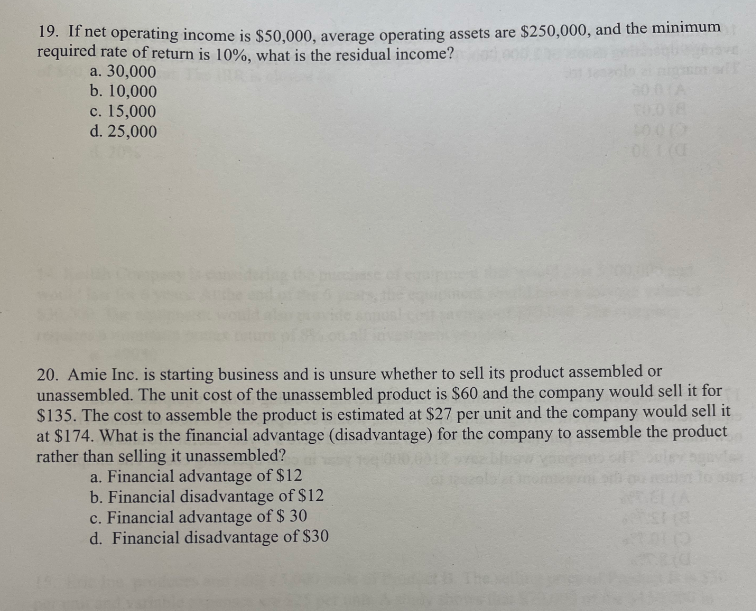  19. If net operating income is $50,000, average operating assets are