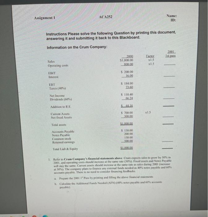  Assignment 1 ACA252 Name: ID: Instructions Please solve the following Question