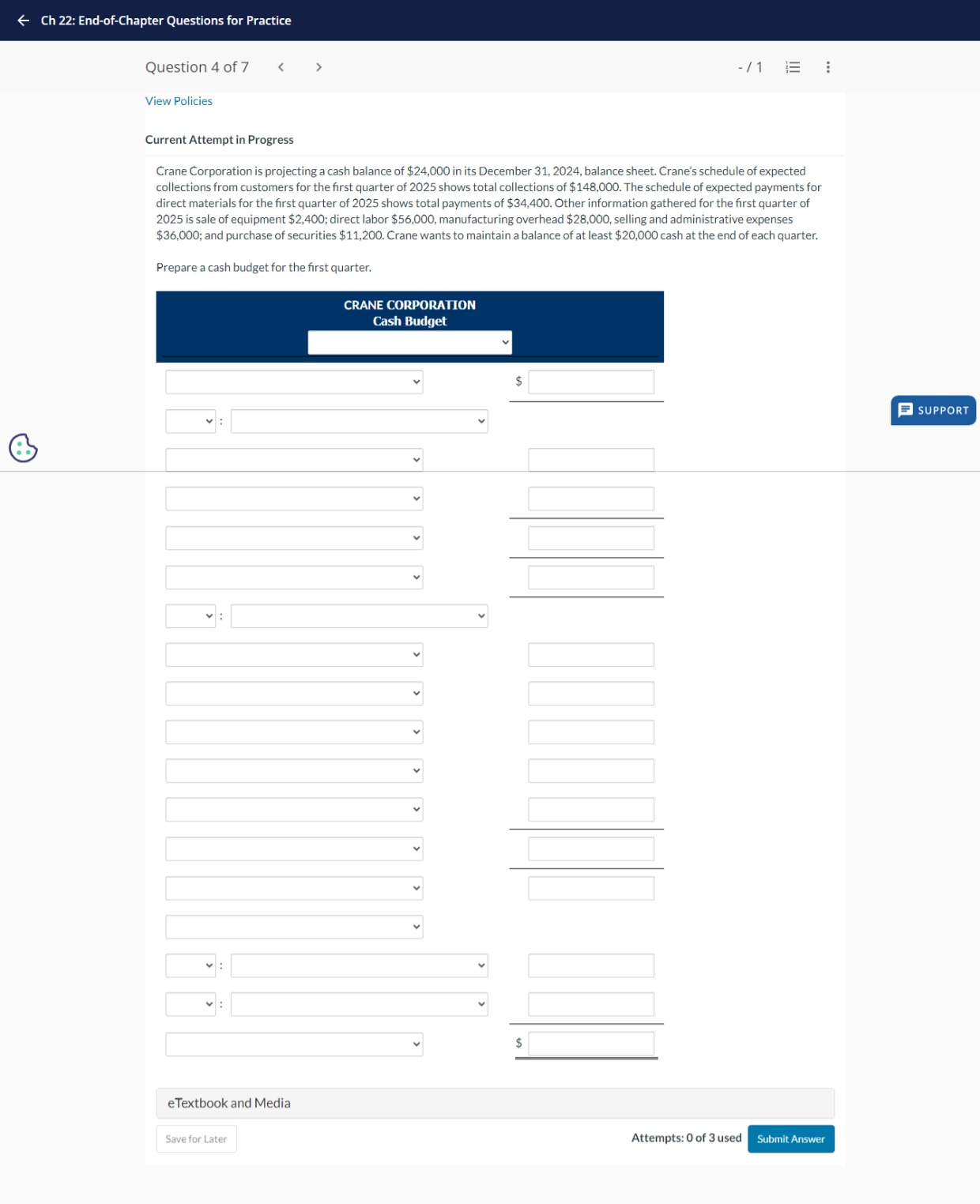  Current Attempt in Progress Crane Corporation is projecting a cash balance
