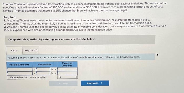  Thomas Consultants provided Bran Construction with assistance in implementing various cost-savings