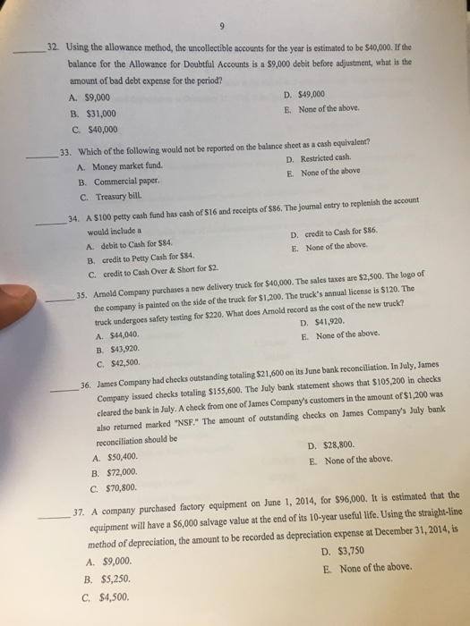  32. Using the allowance method, the uncollectible accounts for the year