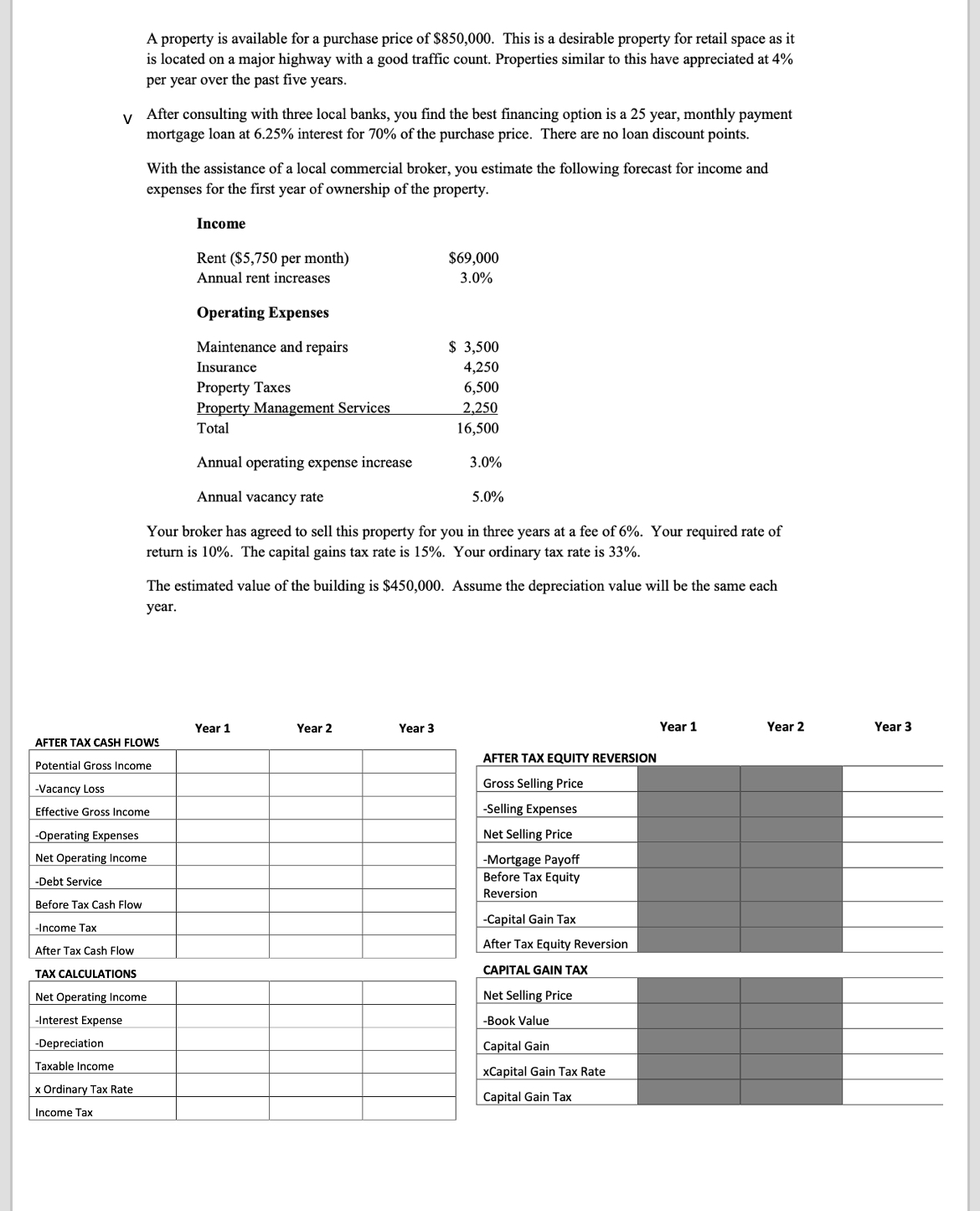 V A property is available for a purchase price of $850,000. This