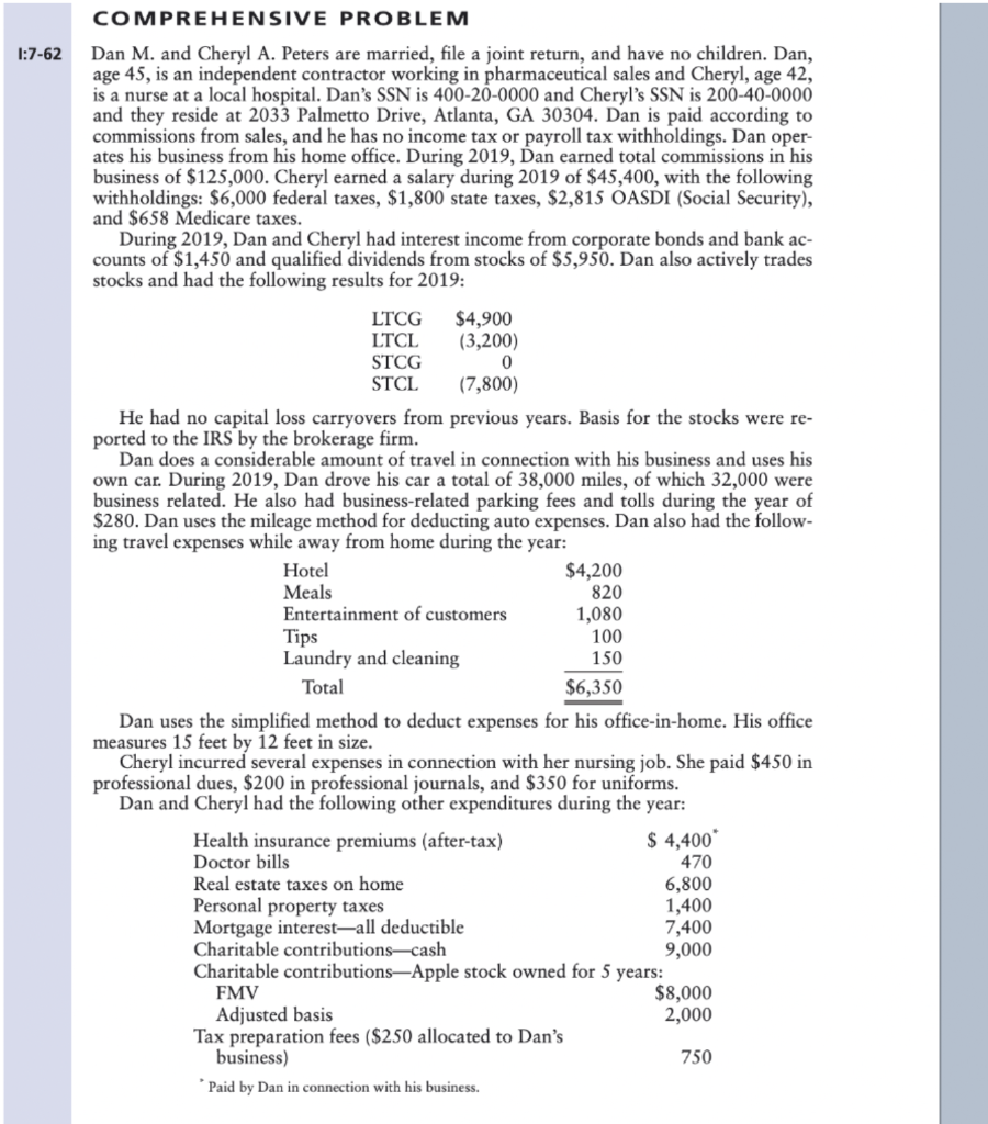 Using the information in Problem I:7-62 for Dan and Cheryl, prepare a