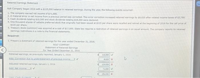  Retained Eamings Statement Rolt Cohpany began 2016 with a $115,009 balance