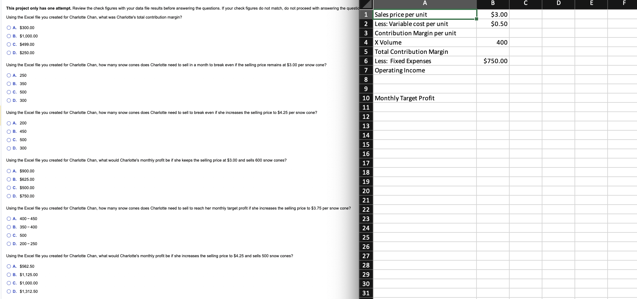  Using the Excel file you created for Charlotte Chan, what was