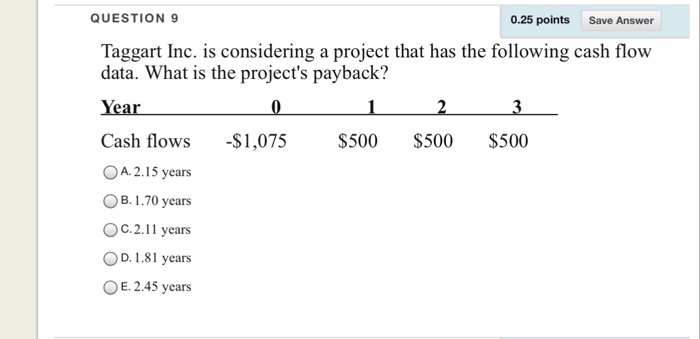  QUESTION 9 0.25 points Save Answer Taggart Inc. is considering a