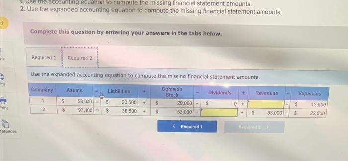  1. Use the accounting equation to compute the missing financial statement