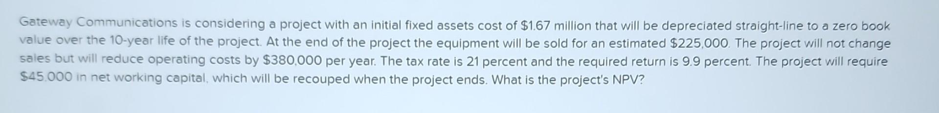 Gateway Communications is considering a project with an initial fixed assets