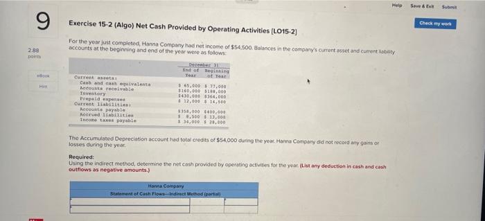  Help Save Sub 9 Exercise 15-2 (Algo) Net Cash Provided by