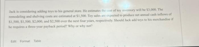  Jack is considering adding toys to his gencral store. He estimates