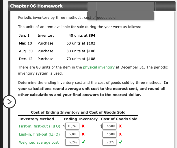  Chapter 06 Homework Periodic inventory by three methods; cost of goods