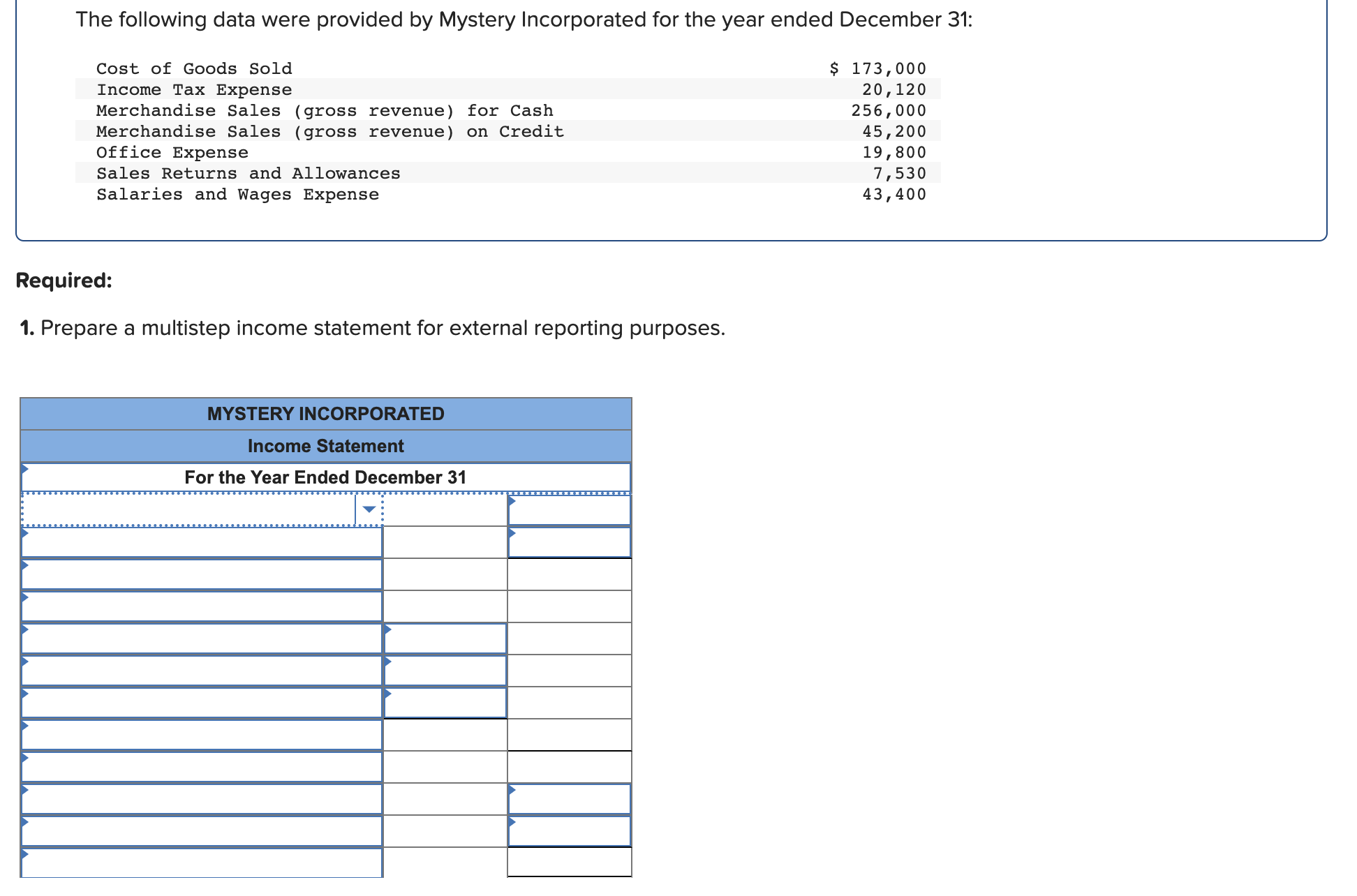 Cost of Goods Sold Income Tax Expense Merchandise Sales (gross revenue) Merchandise