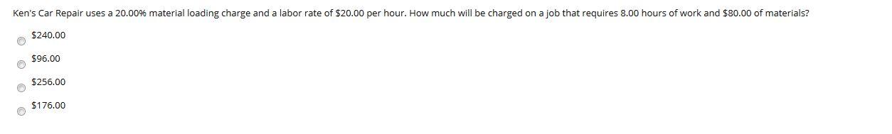  Ken's Car Repair uses a 20.00% material loading charge and a