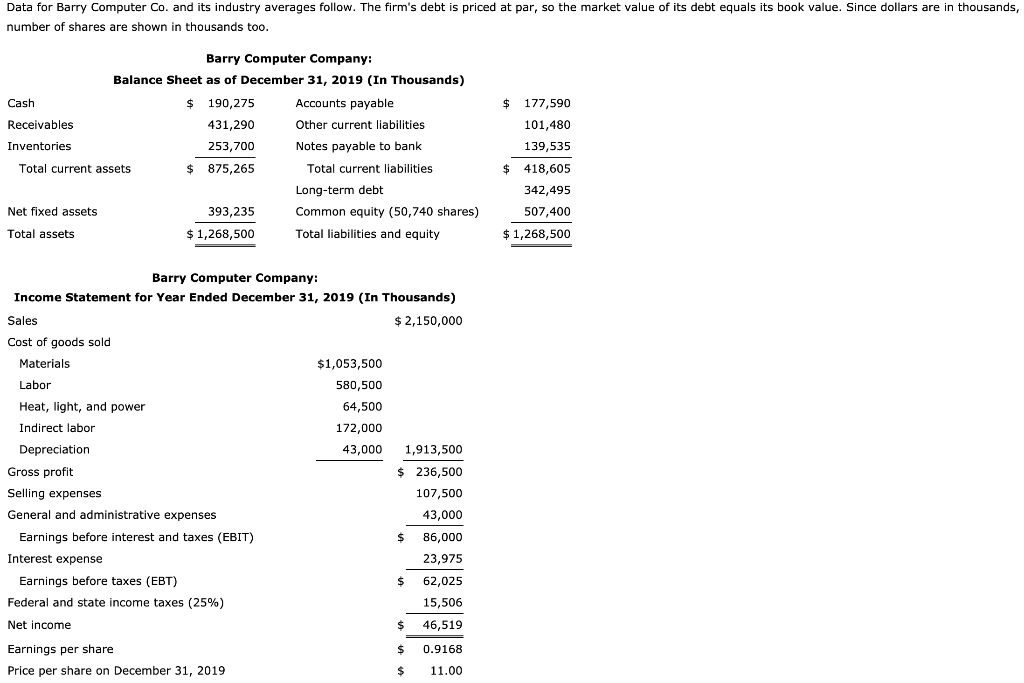  Data for Barry Computer Co. and its industry averages follow. The