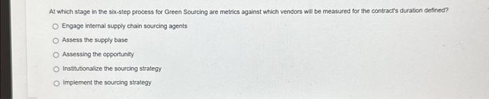  At which stage in the six-step process for Green Sourcing are