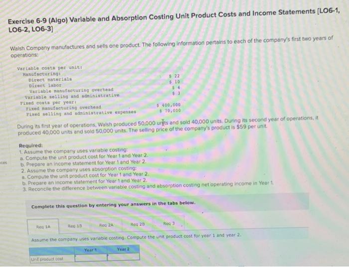  Exercise 6-9 (Algo) Variable and Absorption Costing Unit Product Costs and