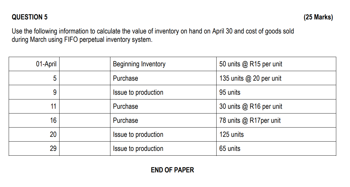  QUESTION 5 (25 Marks) Use the following information to calculate the