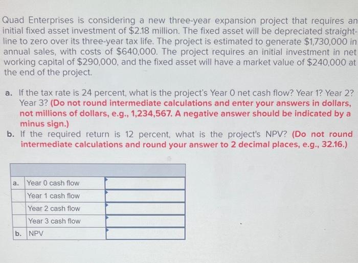  Quad Enterprises is considering a new three-year expansion project that requires