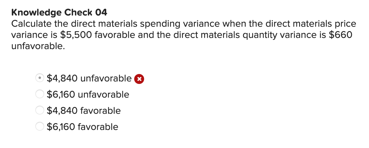  Knowledge Check 04 Calculate the direct materials spending variance when the