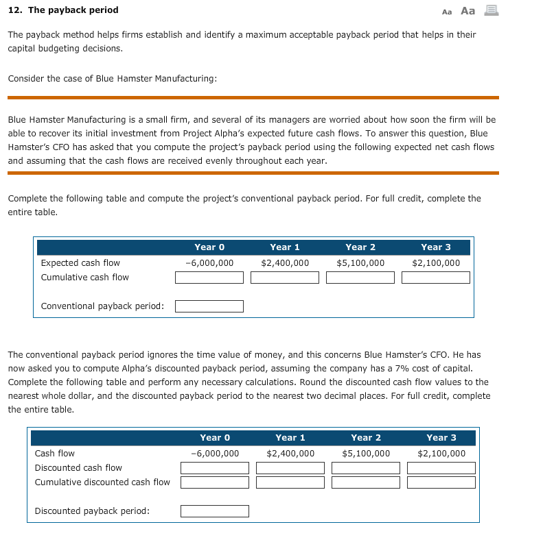 12. The payback period Aa Aa The payback method helps firms