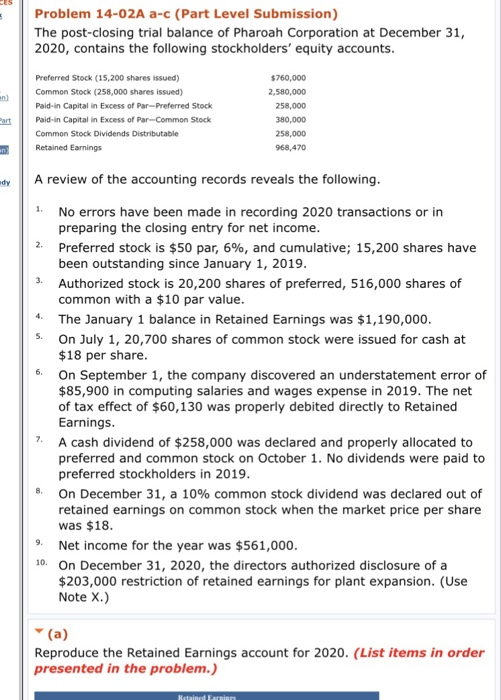  Problem 14-02A a-c (Part Level Submission) The post-closing trial balance of