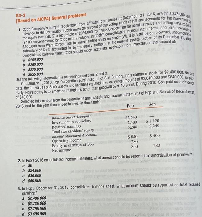  $75,000 E3-3 [Based on AICPA) General problems 1. Cobb Company's current