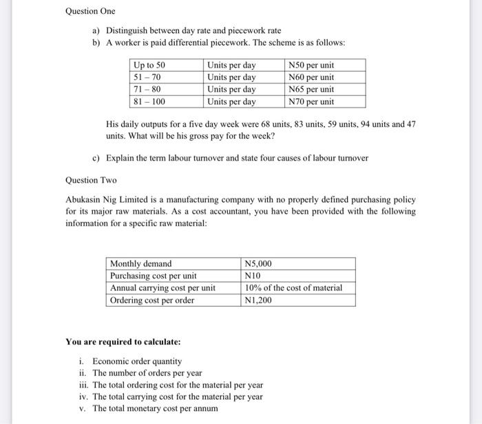  Question One a) Distinguish between day rate and piecework rate b)