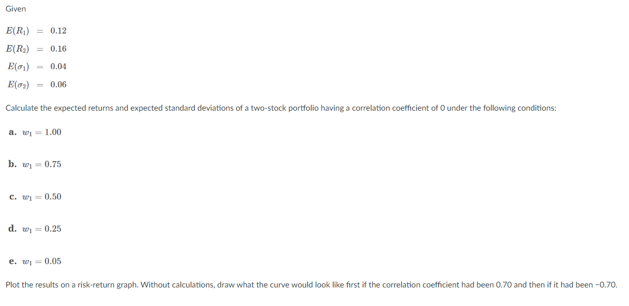  Given E(R1)=0.12 E(R2)=0.16 E(1)=0.04 E(2)=0.06 Calculate the expected returns and expected