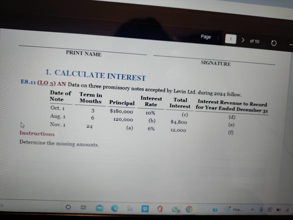 Of 10 PRINT NAME SIGNATURE 1. CALCULATE INTEREST E8.11 (LO 3) AN