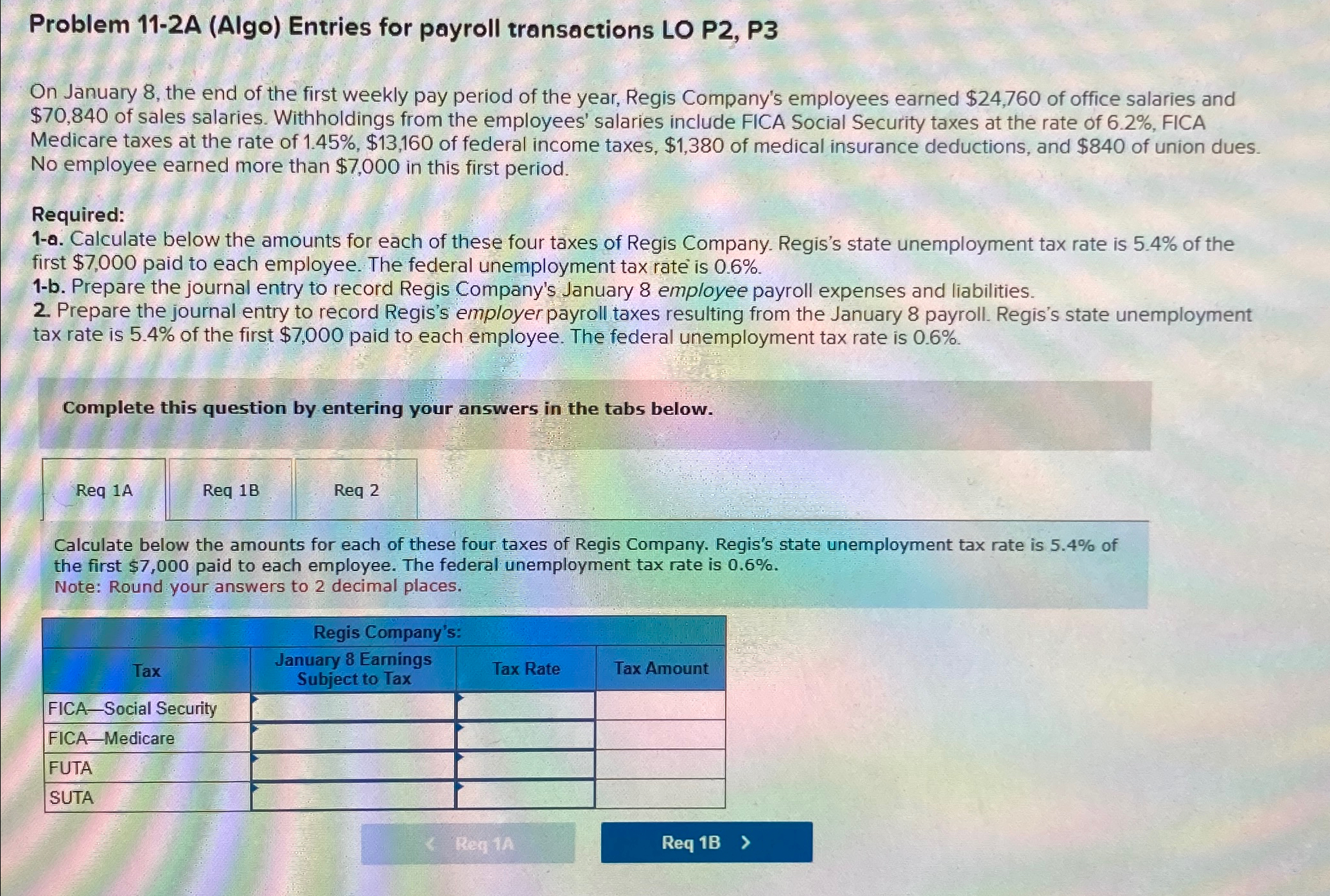  Problem 11-2A (Algo) Entries for payroll transactions LO P2, P3 On
