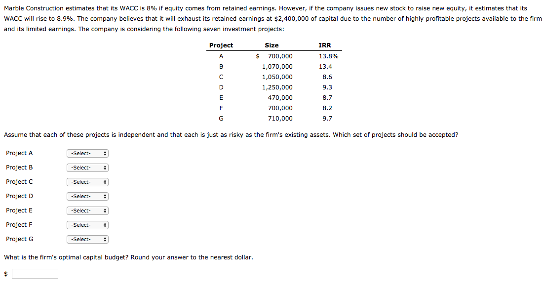 Marble Construction estimates that its WACC is 8% if equity comes