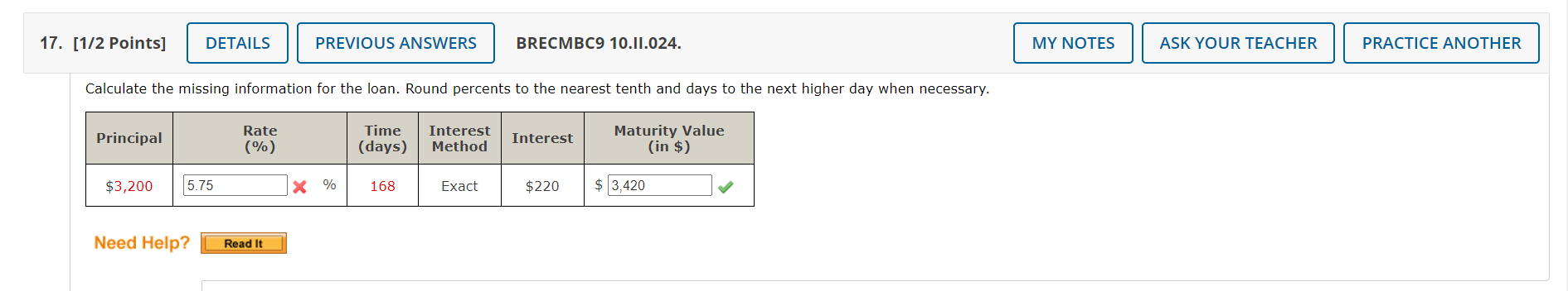 17. [1/2 Points] DETAILS PREVIOUS ANSWERS BRECMBC9 10.11.024. MY NOTES ASK YOUR