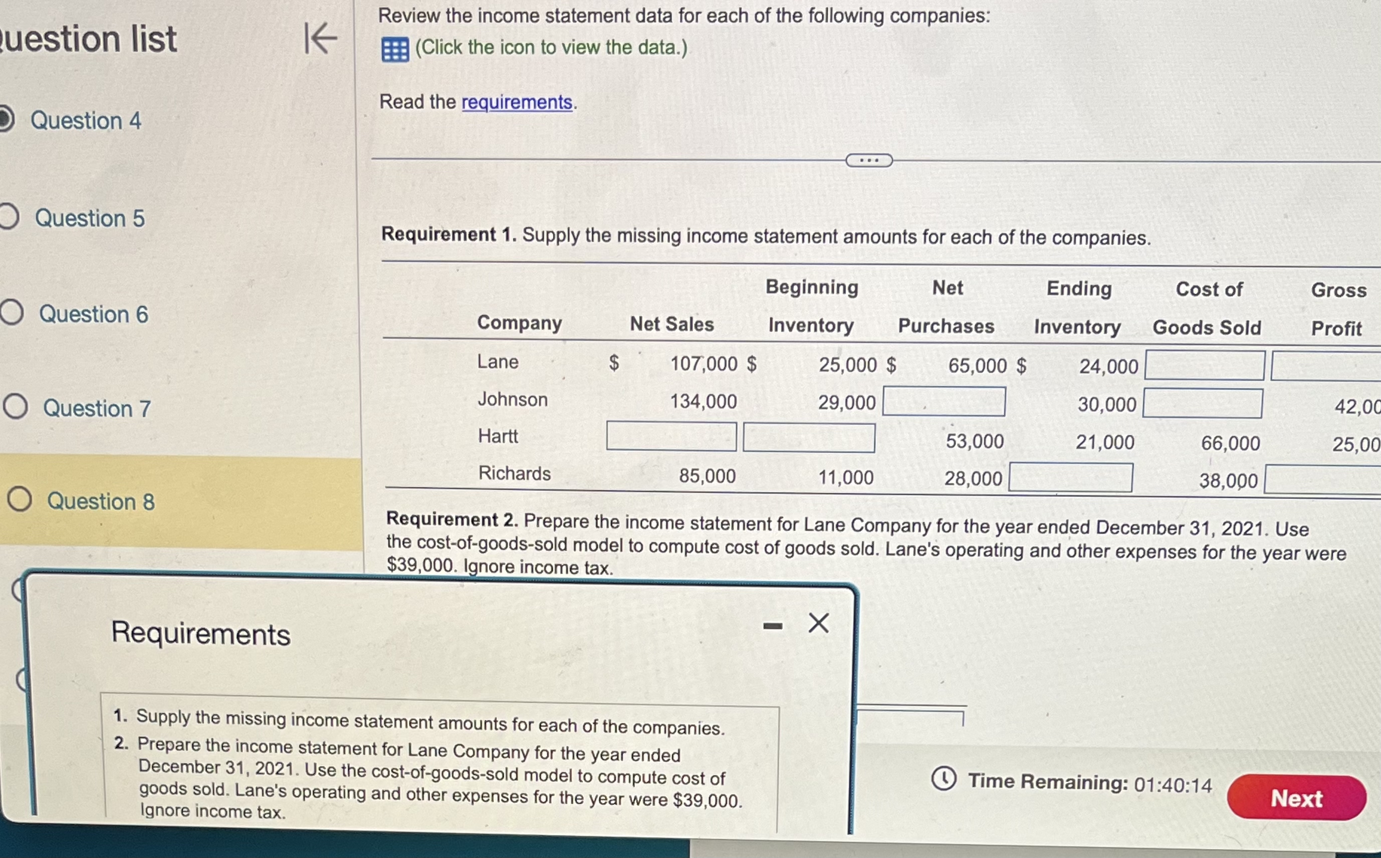  uestion list Question 4 Question 5 Question 6 Question 7 Question