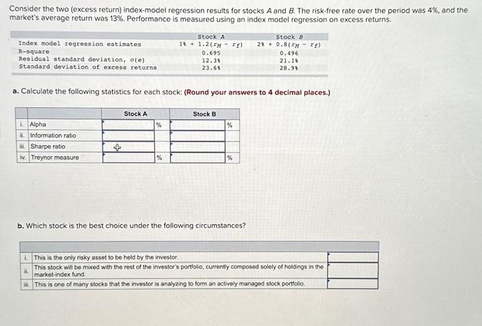  Consider the two (excess return) index-model regression results for stocks A