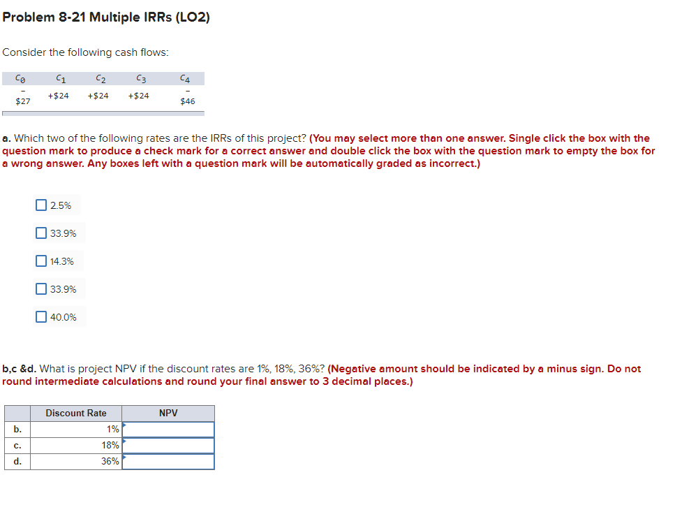 Problem 8-21 Multiple IRRS (LO2) Consider the following cash flows: co