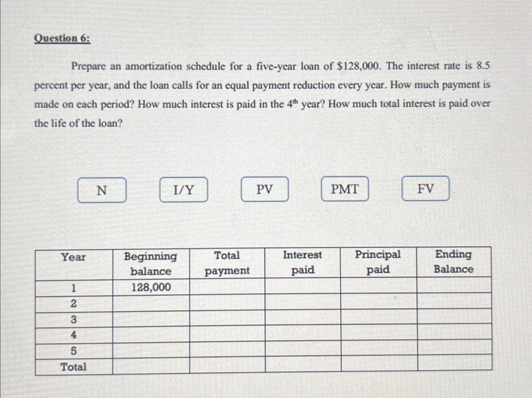  Question 6: Prepare an amortization schedule for a five-year loan of