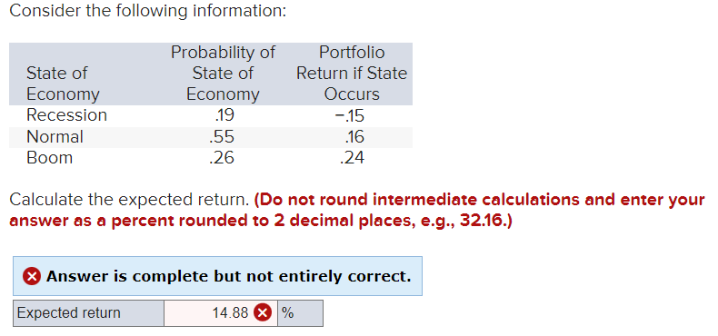  Consider the following information: Calculate the expected return. (Do not round