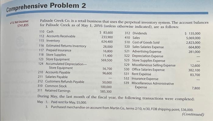Need help solving this. Comprehensive Problem 2 V. Net income: $741,855 Palisade