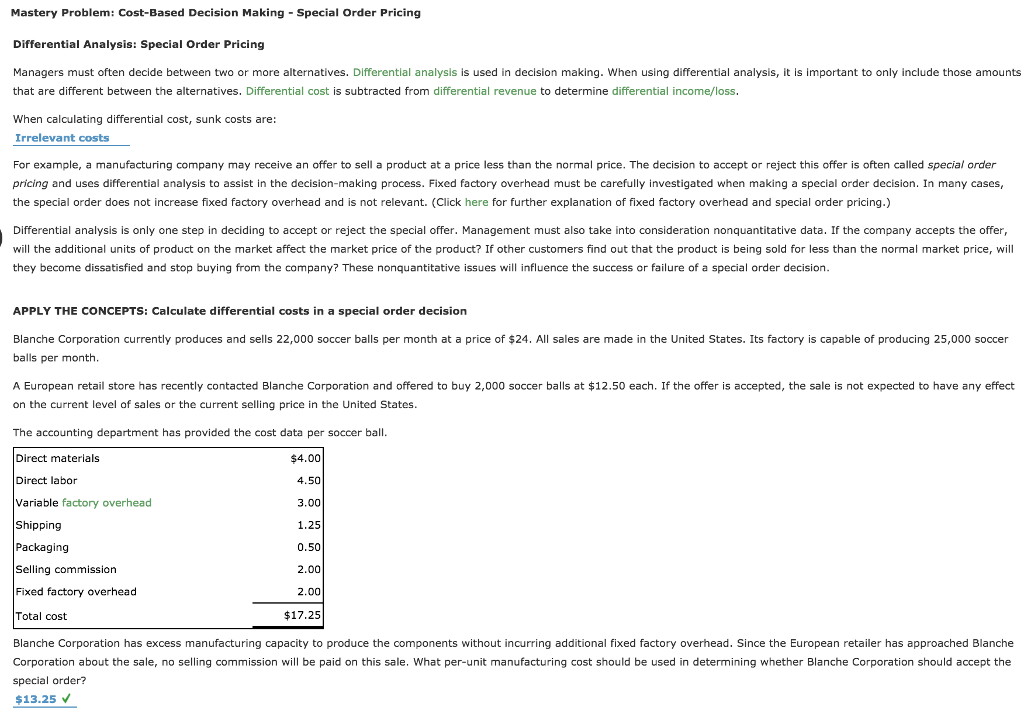 Mastery Problem: Cost-Based Decision Making - Special Order Pricing Differential Analysis: