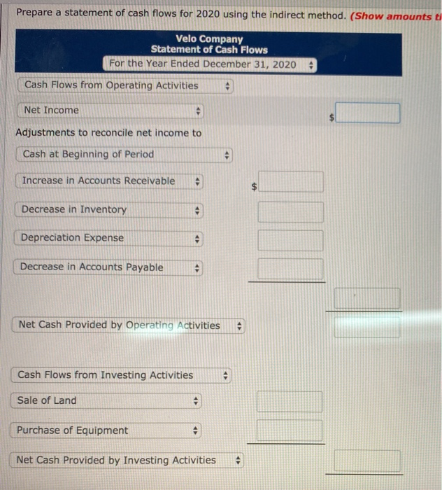 Velo Company Comparative Balance Sheets December 31 Assets 2020 2019 Cash Accounts
