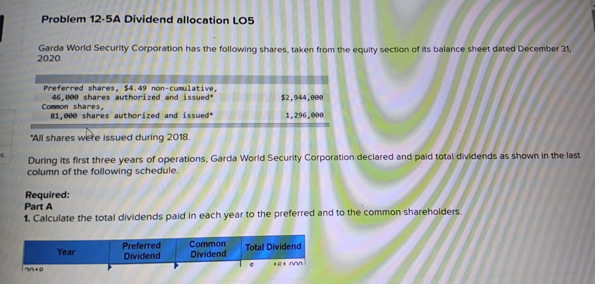  Problem 12-5A Dividend allocation LO5 Garda World Security Corporation has the