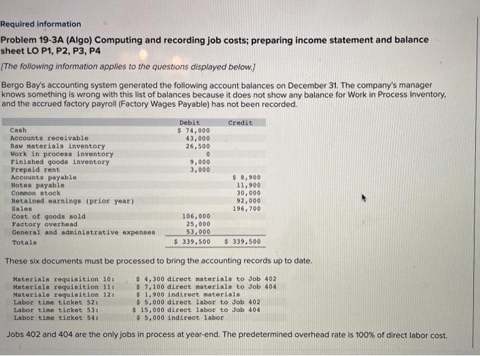 help Required information Problem 19-3A (Algo) Computing and recording job costs; preparing