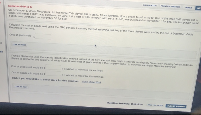 need help here please CALCULATOR PRINTER VERSION *BACK BACK NE Exercise 6-04