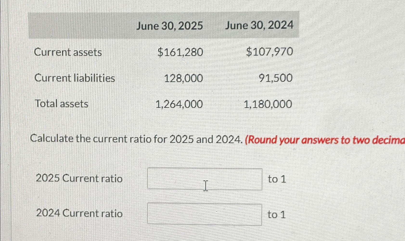  \table[[,June 30,2025,June 30,2024],[Current assets,$161,280,$107,970 