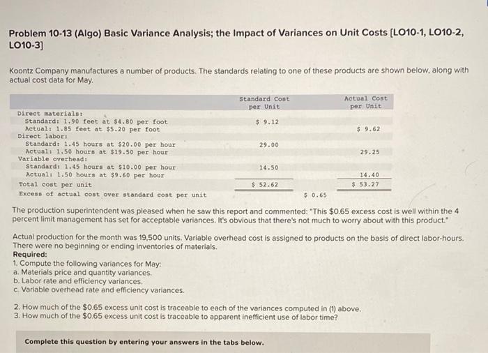  Problem 10-13 (Algo) Basic Variance Analysis; the Impact of Variances on